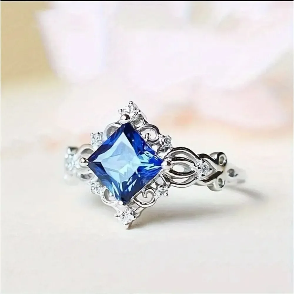 Silver plated blue birthstone ring engagement simple design jewelry